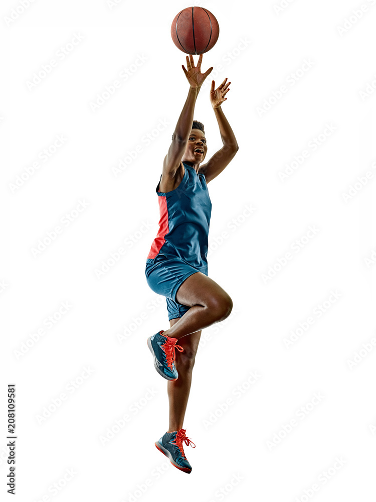 Obraz premium one african Basketball players woman teenager girl isolated on white background with shadows