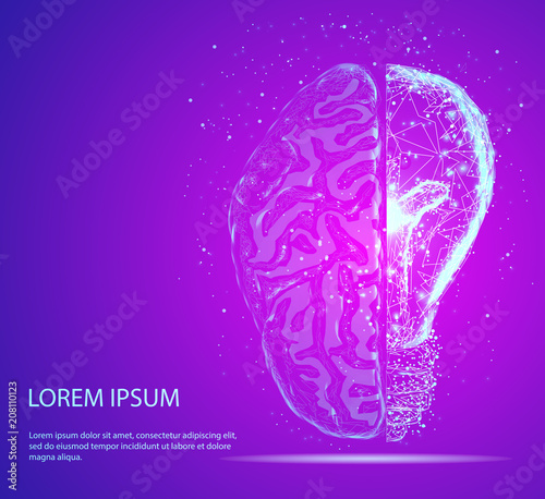 Abstract image of a half of light bulb and brain. Low poly vector
