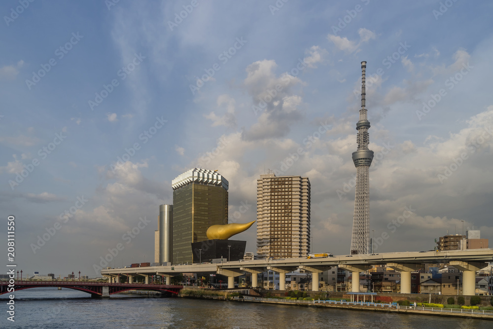 Beautiful view of the Asahi Beer Hall and Sumida River in the Asakusa district of Tokyo, Japan