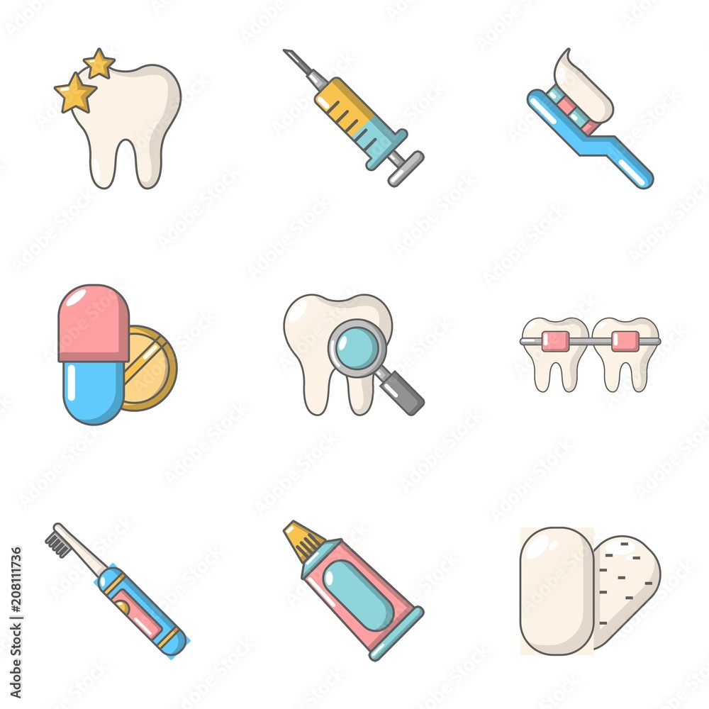 Teeth repair icons set. Cartoon set of 9 teeth repair vector icons for web isolated on white background Teeth repair icons set. Cartoon set of 9 teeth repair vector icons for web isolated on white background
