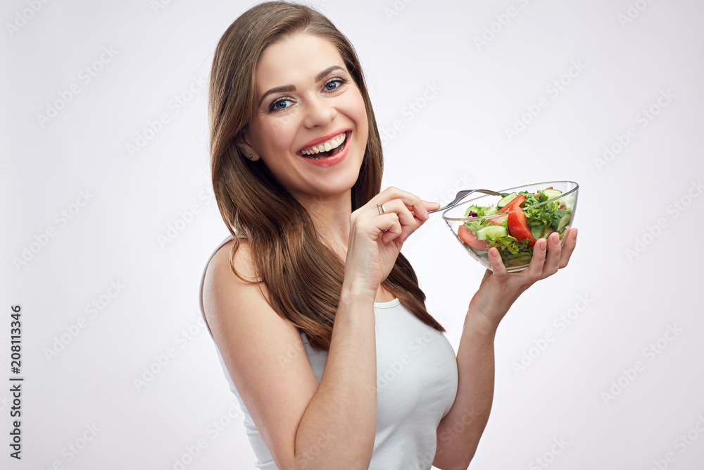 lifestyle isolated portrait of smiling woman holding green salad lifestyle isolated portrait of smiling woman holding green salad