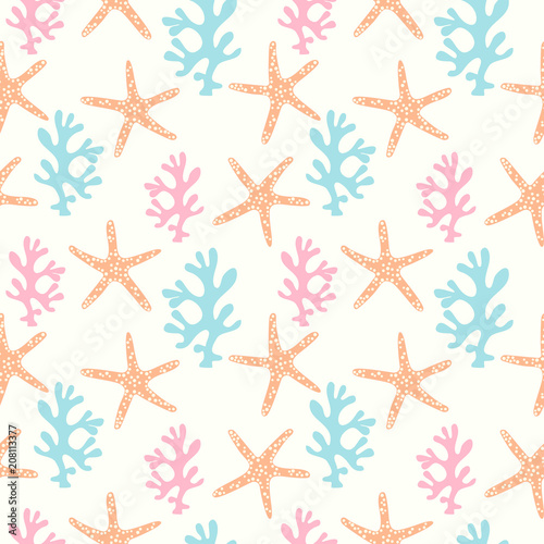 Seamless pattern with coral reef  and starfish. Underwater background.