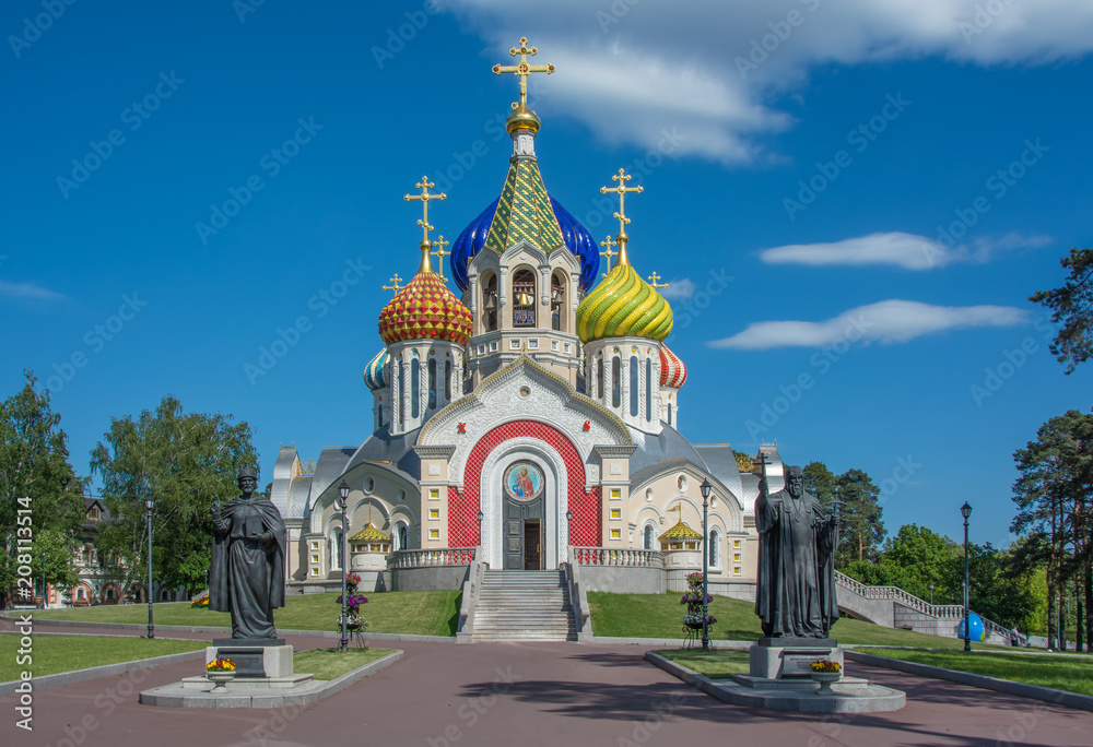 Cathedral of the Saint prince Igor Chernigovsky in New Peredelkino Moscow region Russia. Panorama. Summer day.