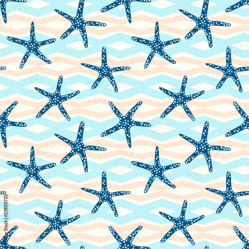 Starfish seamless pattern with on a  geometric line background. Tropical star fish pattern with modern style.