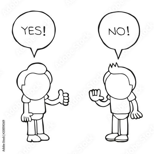 Vector hand-drawn cartoon of two men arguing yes no in speech bubbles