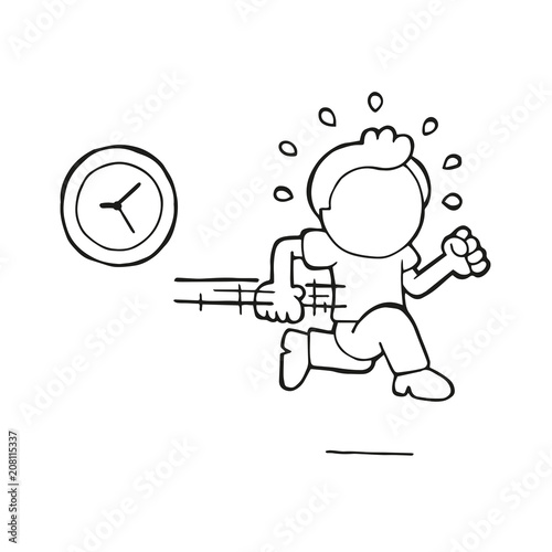 Vector hand-drawn cartoon of man running late with clock
