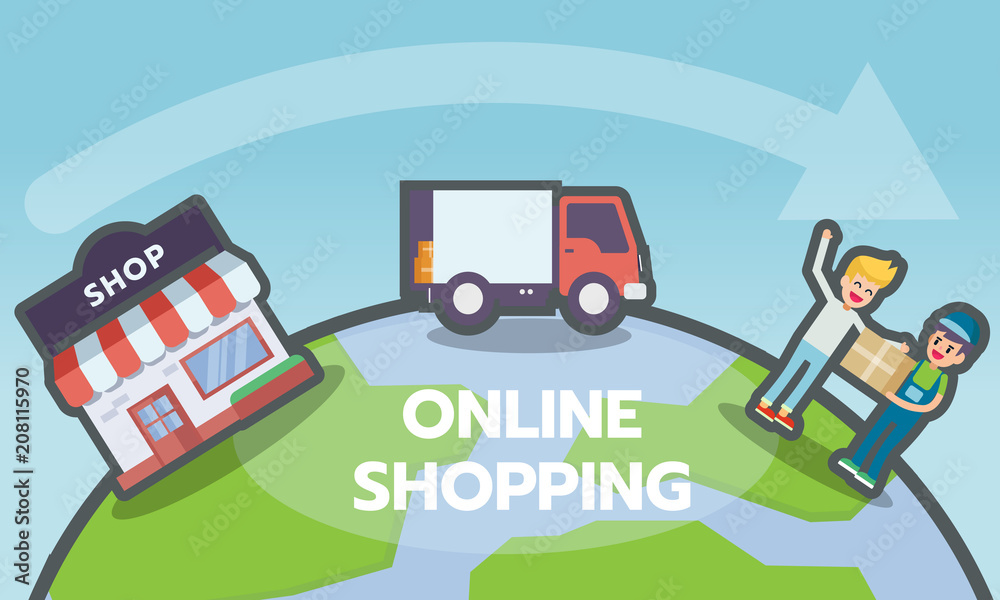 Naklejka premium Online shopping, e-commerce concept. Delivery services with shop, truck, and customer icons on globe with a map of the world
