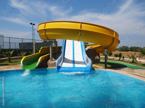 Colorful water slides at the outdoor water park