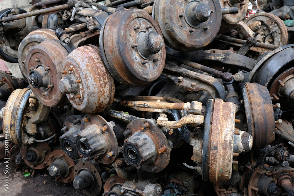 Old car engine part, grunge and rusty machine