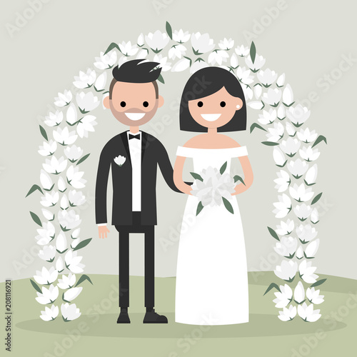 A couple of newly weds standing behind the floral arch. Bride and groom. New family. Elegant garden ceremony. Flat vector illustration, clip art