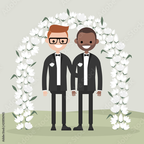 A couple of newly weds standing behind the floral arch. Two grooms. Homosexual family. LGBTQ rights. Gay marriage.  Elegant garden ceremony. Flat vector illustration, clip art