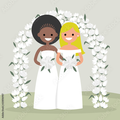 A couple of newly weds standing behind the floral arch. Lesbian brides.  LGBTQ rights. Homosexual marriage. New family. Elegant garden ceremony. Flat vector illustration, clip art