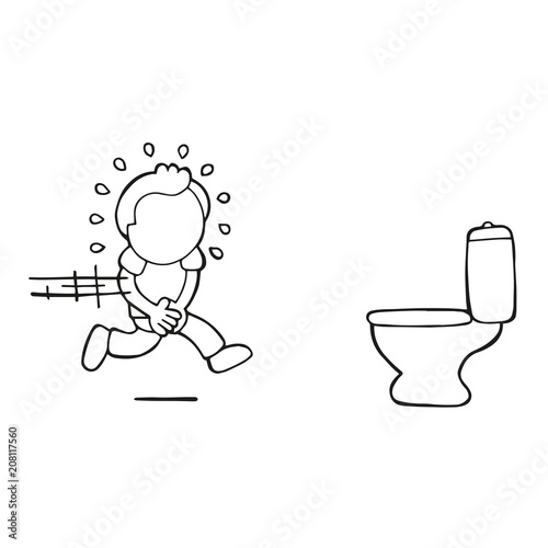 Vector hand-drawn cartoon of man running to pee on toilet bowl