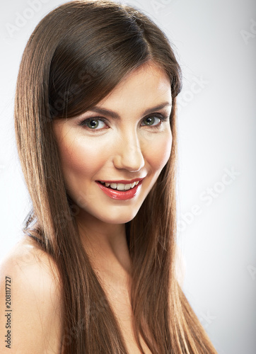 Close up face portrait in beauty style of smiling girl with long