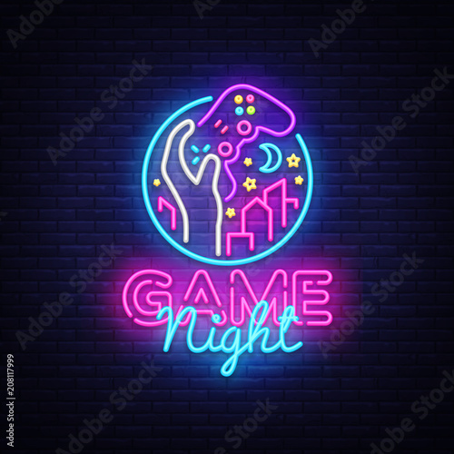 Game Night neon sign Vector logo design template. Game night logo in neon style, gamepad in hand, video game concept, modern trend design, light banner, bright nightlife advertisement. Vector