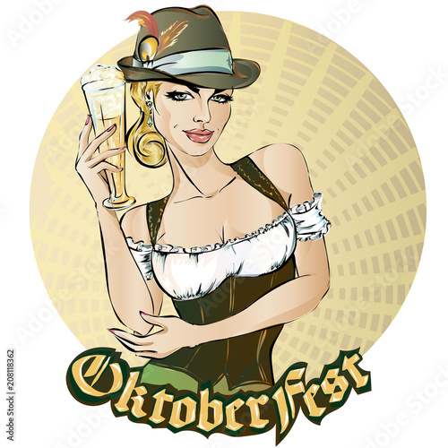 Oktoberfest pin-up woman with beer. Oktoberfest logo, banner, hand drawn vector illustration background