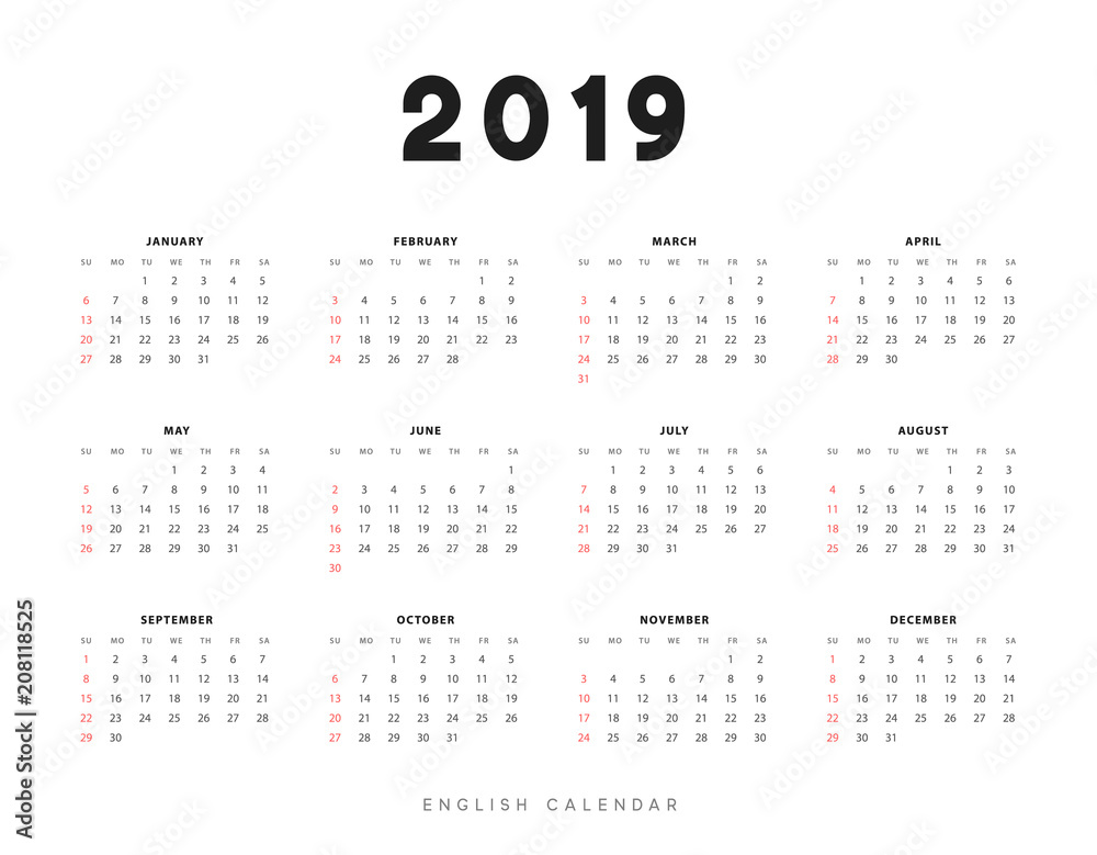 Simple english calendar for 2019 years, Week starts from Sunday. Simple english calendar for 2019 years, Week starts from Sunday.