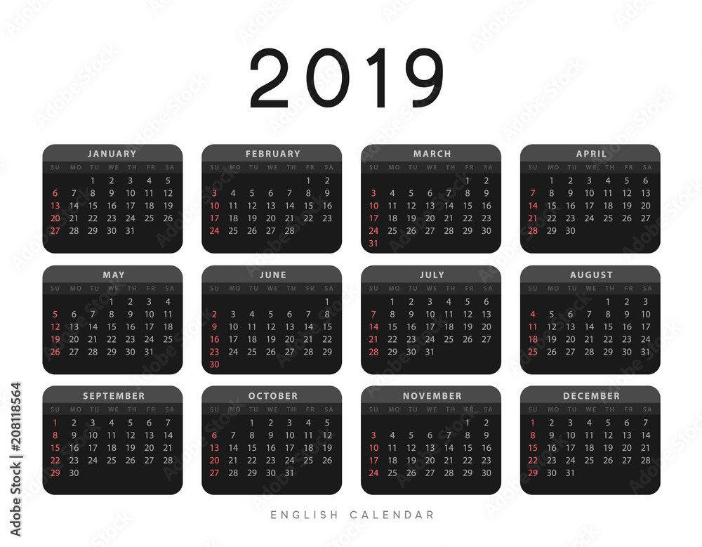 Simple english calendar for 2019 years, Week starts from Sunday. Stock
