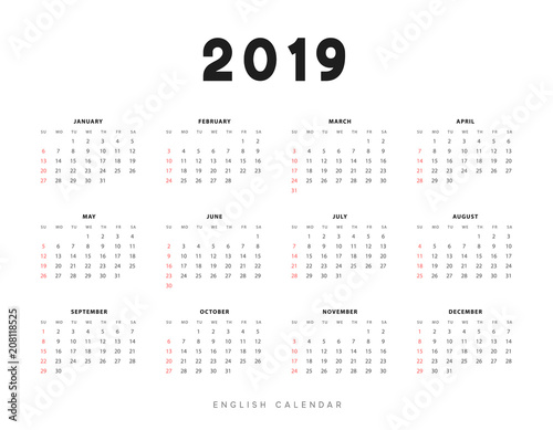 Simple english calendar for 2019 years  Week starts from Sunday.