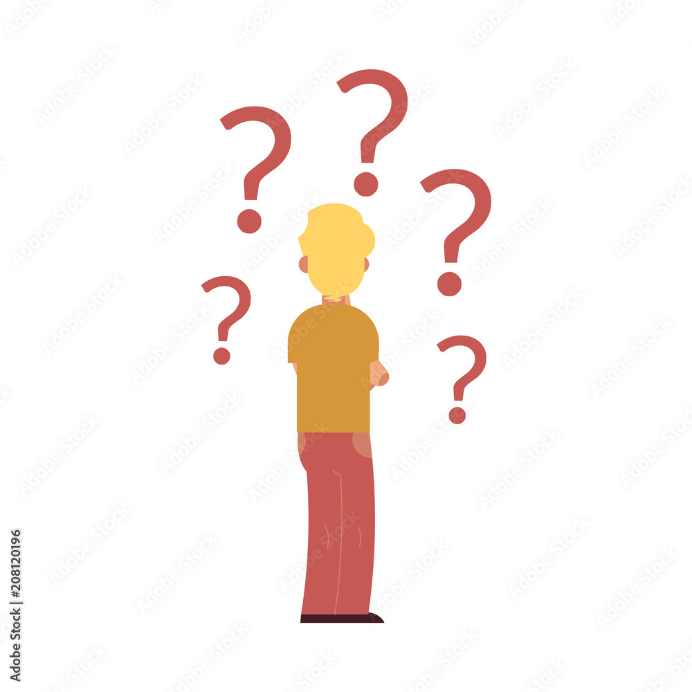 Young man in casual clothing, glasses standing back to camera with with questions flying around above head. Isolated vector illustration, white background Young man in casual clothing, glasses standing back to camera with with questions flying around above head. Isolated vector illustration, white background