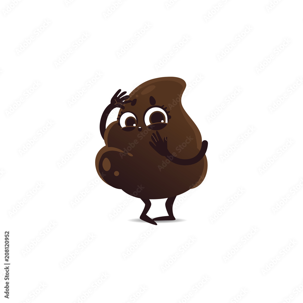 Cheerfu brown poop character with legs and arms standing afraid unhappy sad facial expression protecting face by own hands. Funny crap or shit excrement. Vector cartoon isolated illustration. Cheerfu brown poop character with legs and arms standing afraid unhappy sad facial expression protecting face by own hands. Funny crap or shit excrement. Vector cartoon isolated illustration.