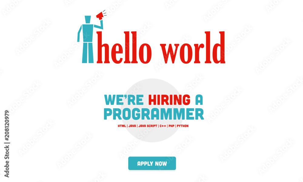 Hiring programmer. Man holding Megaphone. vector illustration. Banner template, ads, search for engineers, employees. hiring developer, coder for job.