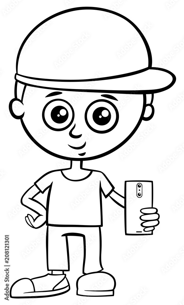 boy character with smart phone color book
