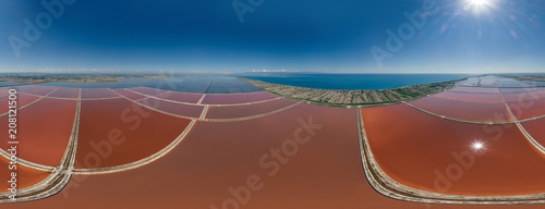 The saltpan Saline stretches Margherita di Savoia Apulia City Sea Coastline sed water in Italy Drone 360 vr photo