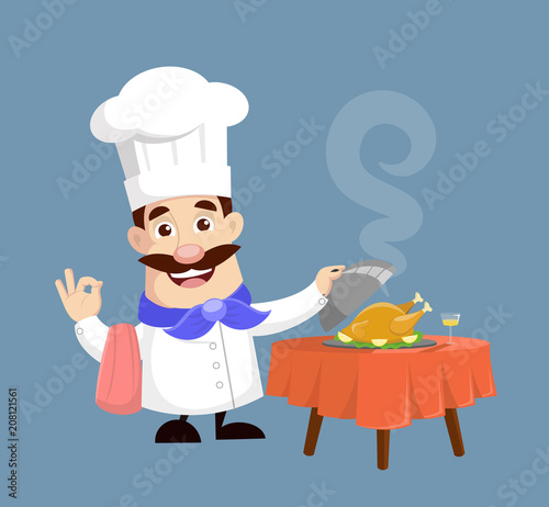 Chef serving Chicken Vector Illustration