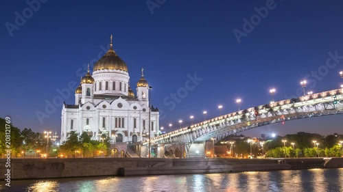 Moscow city skyline day to night sunset timelapse at Cathedral of Christ the Saviour and bridge over Moscow River, Moscow Russia 4K Time Lapse