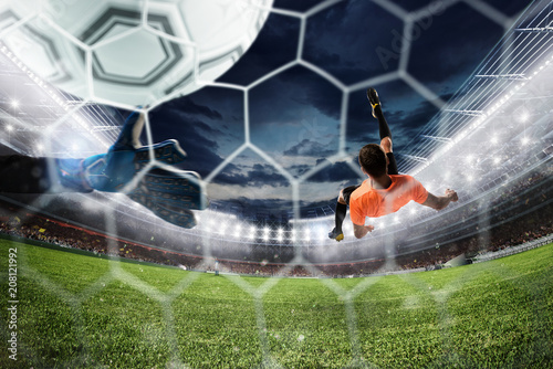 Soccer striker hits the ball with an acrobatic bicycle kick. 3D Rendering