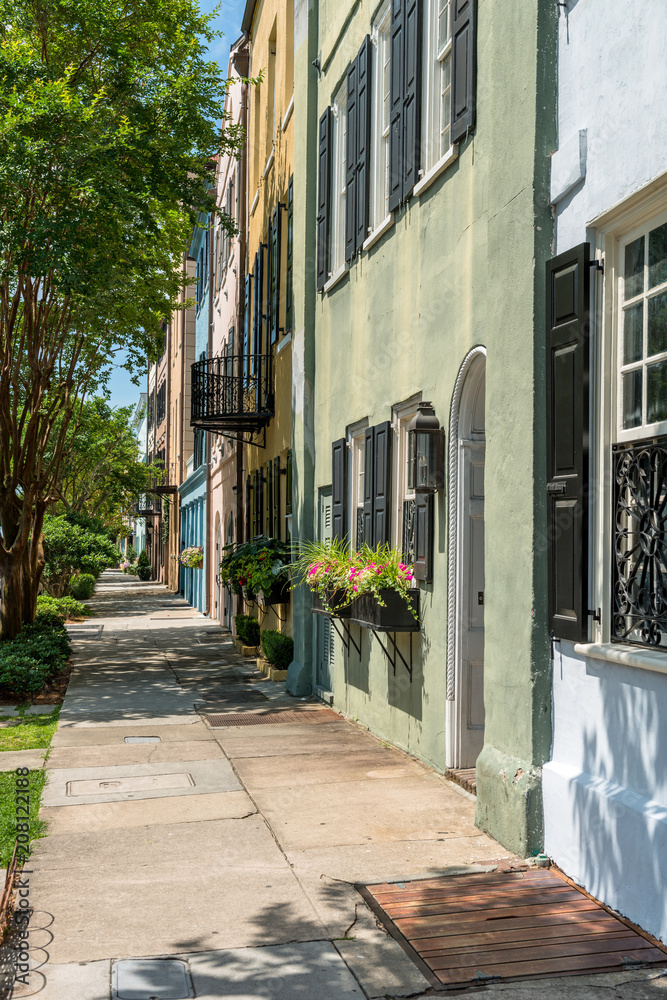 Summer Street - A quiet summer morning at one of many quiet, colorful and well-preserved historic streets in Downtown Charleston, South Carolina, USA.