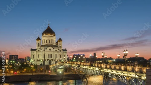 Moscow city skyline day to night sunset timelapse at Cathedral of Christ the Saviour and bridge over Moscow River, Moscow Russia 4K Time Lapse