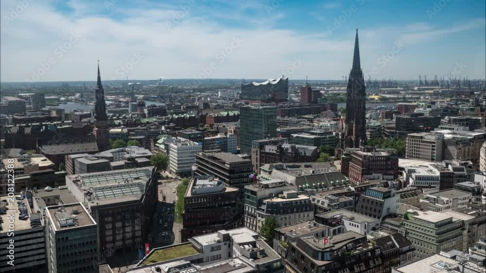 Hamburg, high angle view on city skyline with cathedral and port Hamburg, high angle view on city skyline with cathedral and port