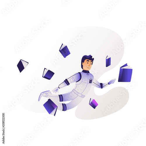 Research and analysis of information concept - young man in cosmonaut costume flies surrounded by different documents isolated on white background, cartoon vector illustration.