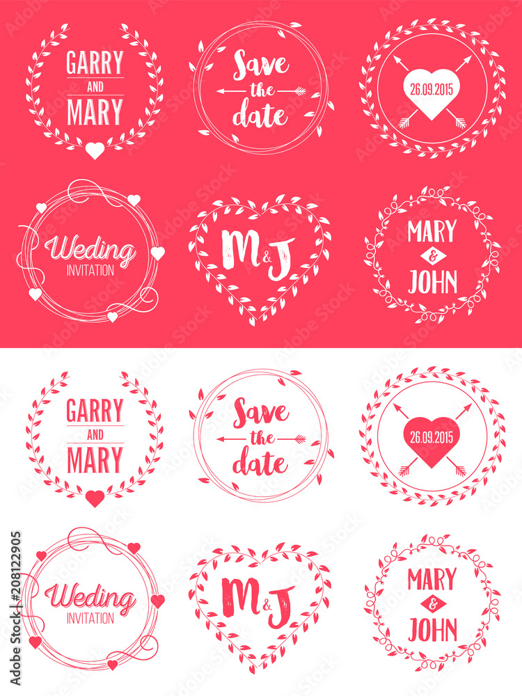 Fototapeta premium Creative vector illustration of save the date wedding witn name set isolated on background. Art design floral logo templates. Abstract concept graphic invitation card, flyer, banner element