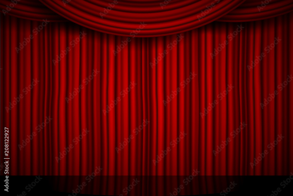 Fototapeta premium Ilustracja wektorowa kreatywnych sceny z luksusowych szkarłatnych czerwonych aksamitnych zasłon i zasłon z tkaniny na białym tle. Sztuki projektowania. Element koncepcyjny na imprezę muzyczną, teatr, cyrk, operę, show