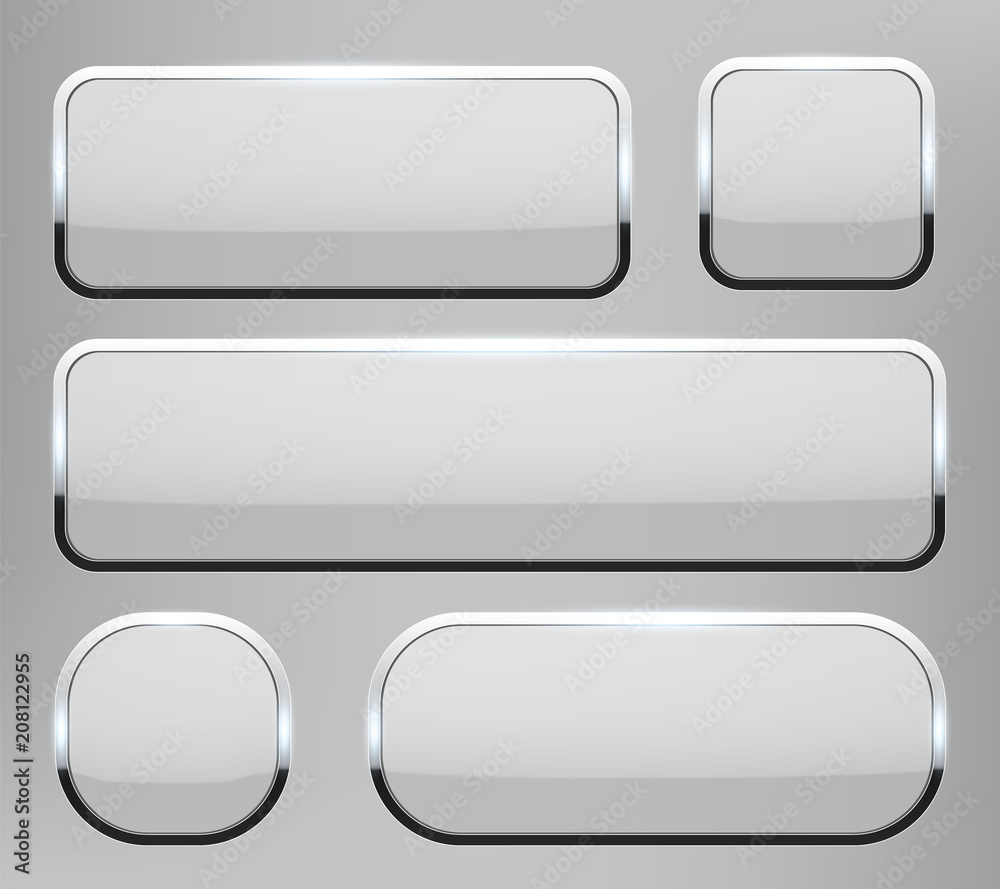 Creative vector illustration of white 3d glass buttons with chrome frame with shadow falling isolated on transparent background. Art design. Abstract concept graphic rectangle, oval web icons element Creative vector illustration of white 3d glass buttons with chrome frame with shadow falling isolated on transparent background. Art design. Abstract concept graphic rectangle, oval web icons element