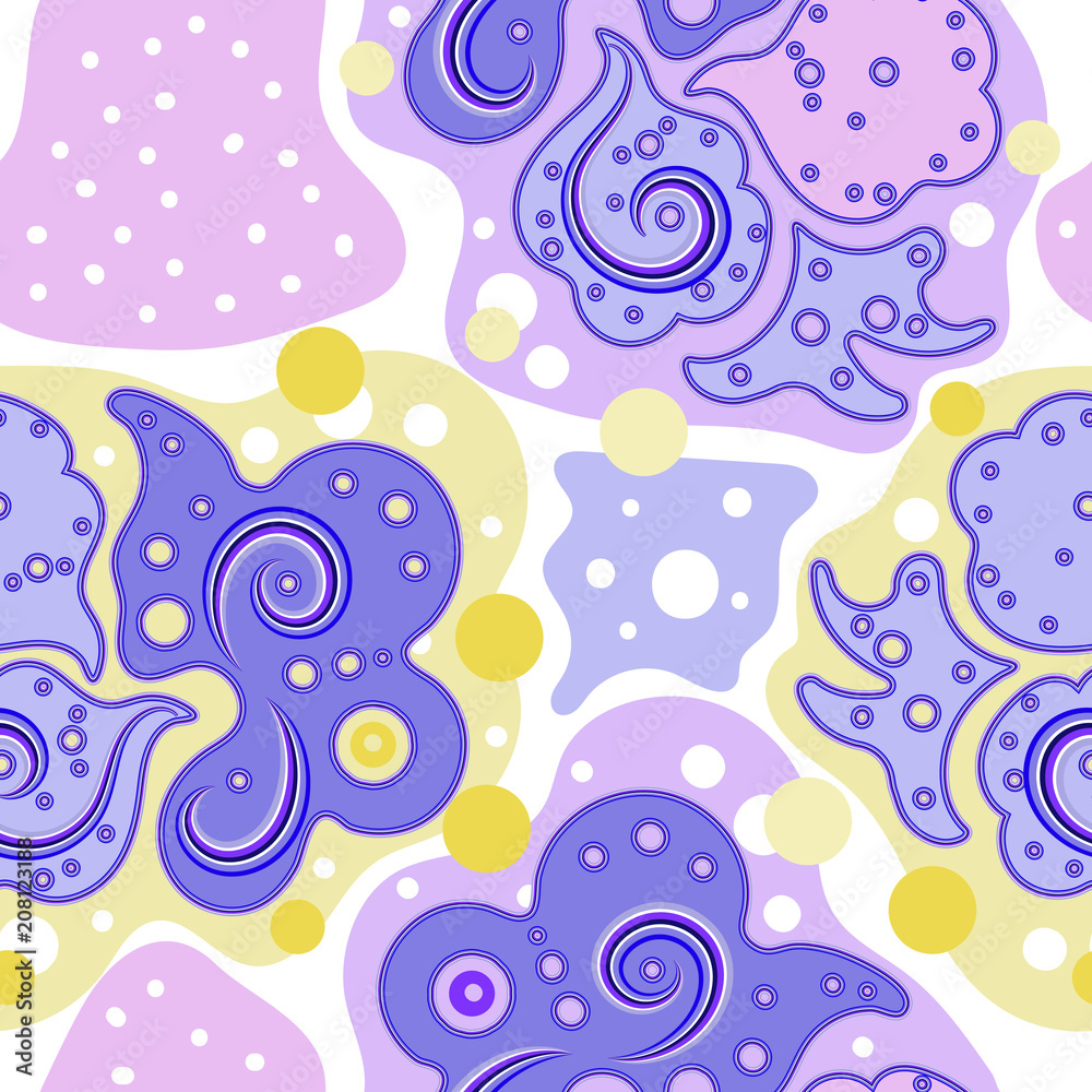 Abstract vector seamless spotted background in modern violet color with curls for textile fabric design