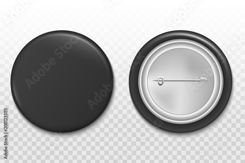 Creative vector illustration of 3d pin button isolated on transparent background. Front and back side. Art design blank badge brooch mockup template. Abstract graphic element with place for your text