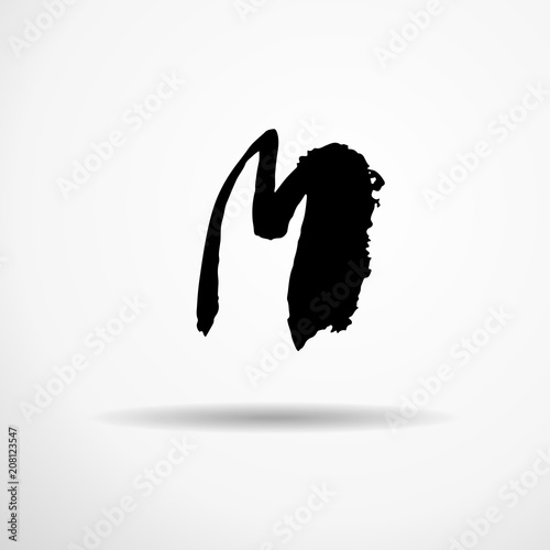 Letter M. Handwritten by dry brush. Rough strokes textured font. Vector illustration. Grunge style alphabet.