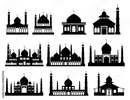 Islamic buildings silhouettes. Mosques and minarets with crescents. Vector illustration