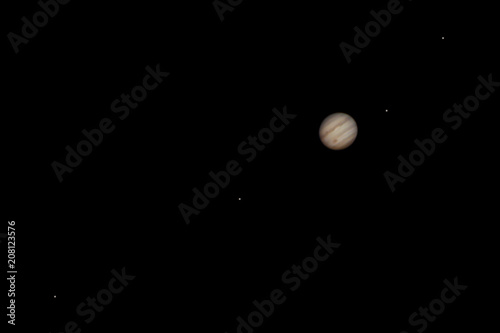 The giant planet Jupiter with its four Galilean moons Io, Europa, Ganymede, and Callisto as seen from the Odenwald in Germany.