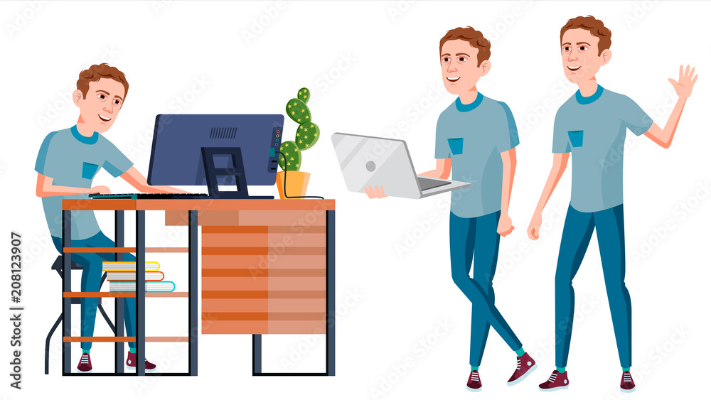 Office Worker Vector. Face Emotions, Various Gestures. Adult Entrepreneur Business Man. Happy Clerk, Servant, Employee. Isolated Flat Illustration