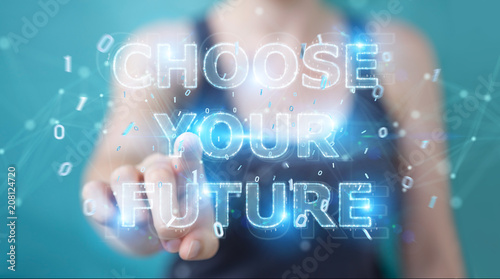 Businesswoman using future text interface 3D rendering