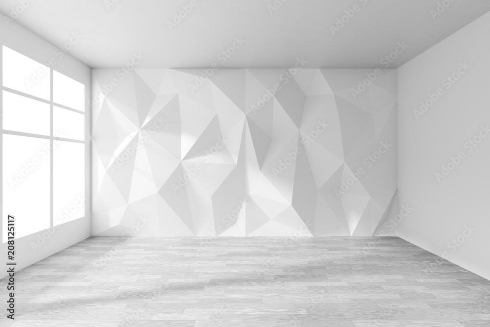 White room with rumpled wall and white parquet floor White room with rumpled wall and white parquet floor