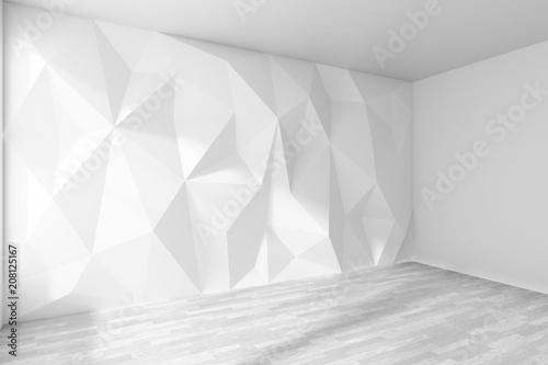 Empty room corner with rumpled wall and white parquet floor