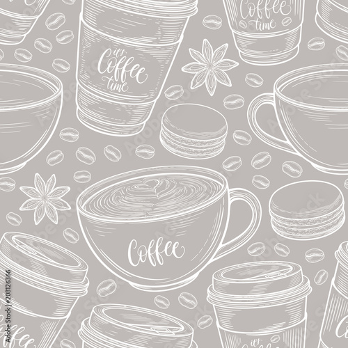 Hand drawn seamless pattern with coffee cups, beans, mugs, macaroons. Colorful background in vintage retro colors. Decorative doodle vector illustration