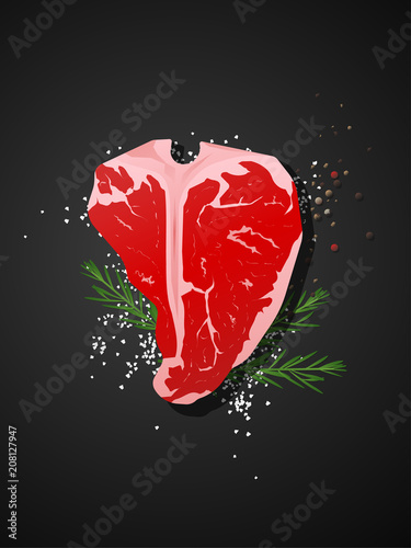 Raw beef, t-bone steak with seasoning on dark background , vector , illustration