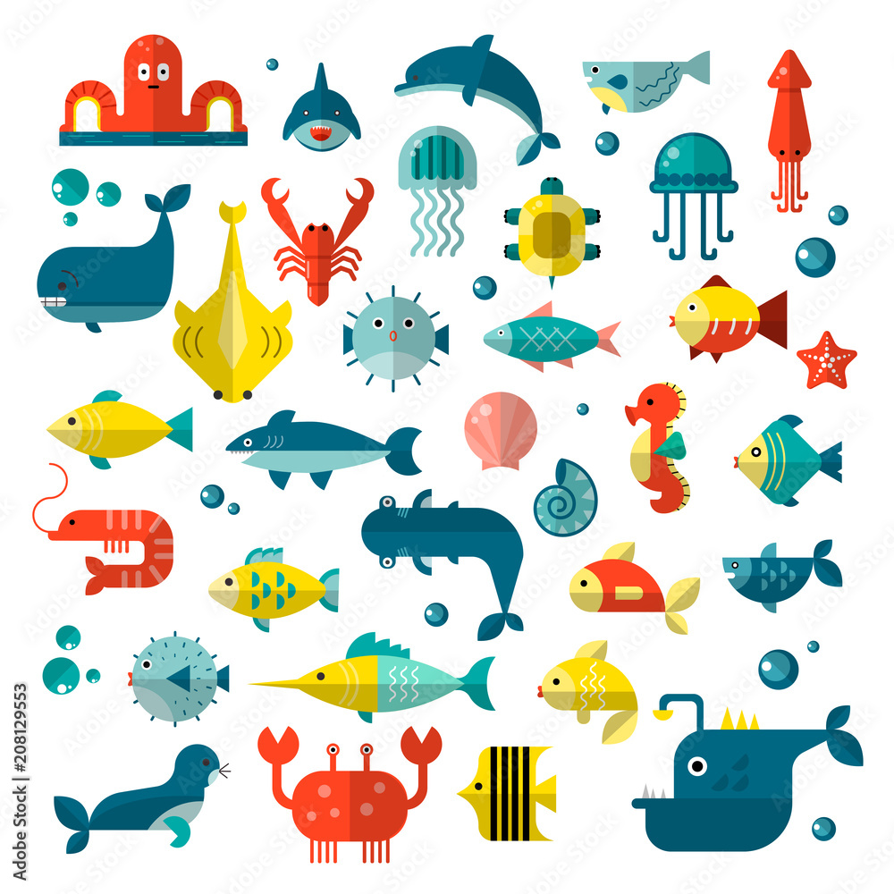Set of vector flat sealife elements, plants and sea animals - shark,  jellyfish, octopus and others. Collection of modern sea underwater life  Stock Vector | Adobe Stock